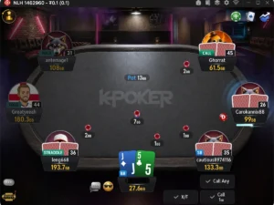 Seven seat K-Poker table on CoinPoker at $0.10 with antes, a straddle and 13 big blinds in the pot before the flop