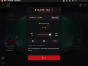 CoinPoker buy in window at a $0.05/$0.10 No Limit Hold’em table with buy ins from $4 to $10