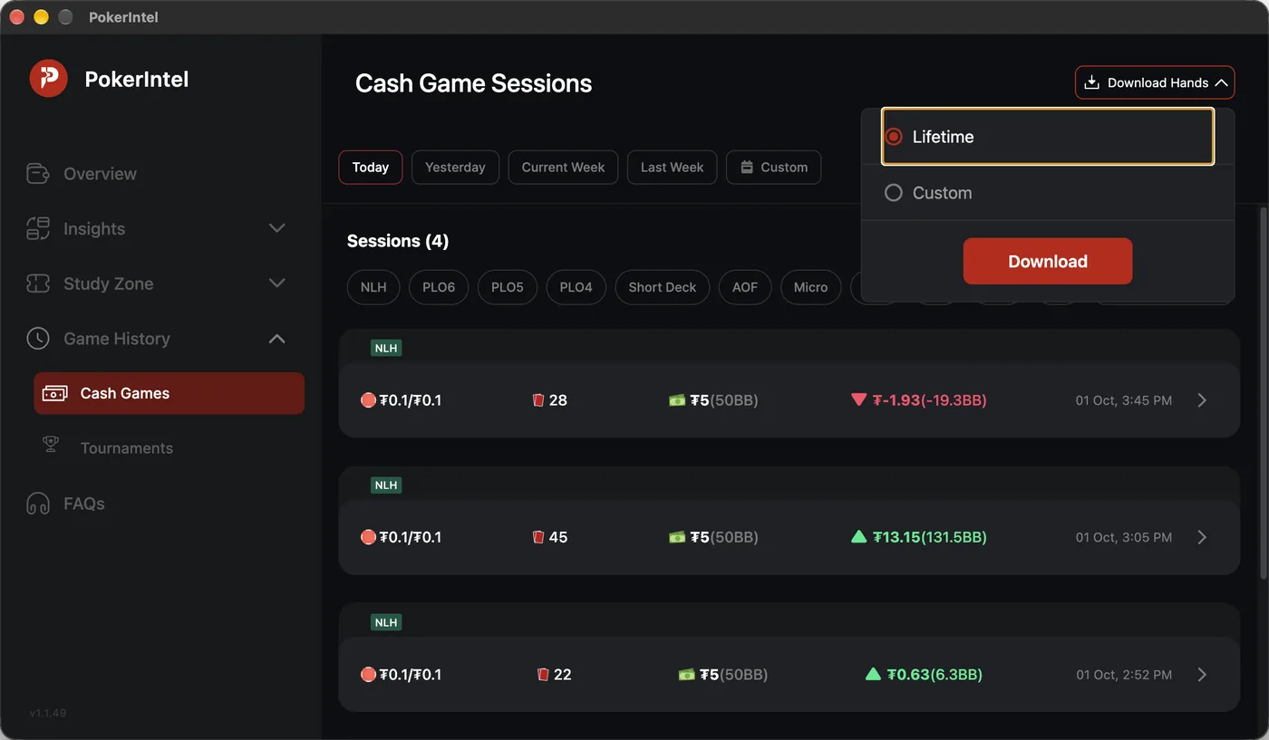 PokerIntel cash game sessions on CoinPoker with the Download Hands menu open for lifetime or custom ranges