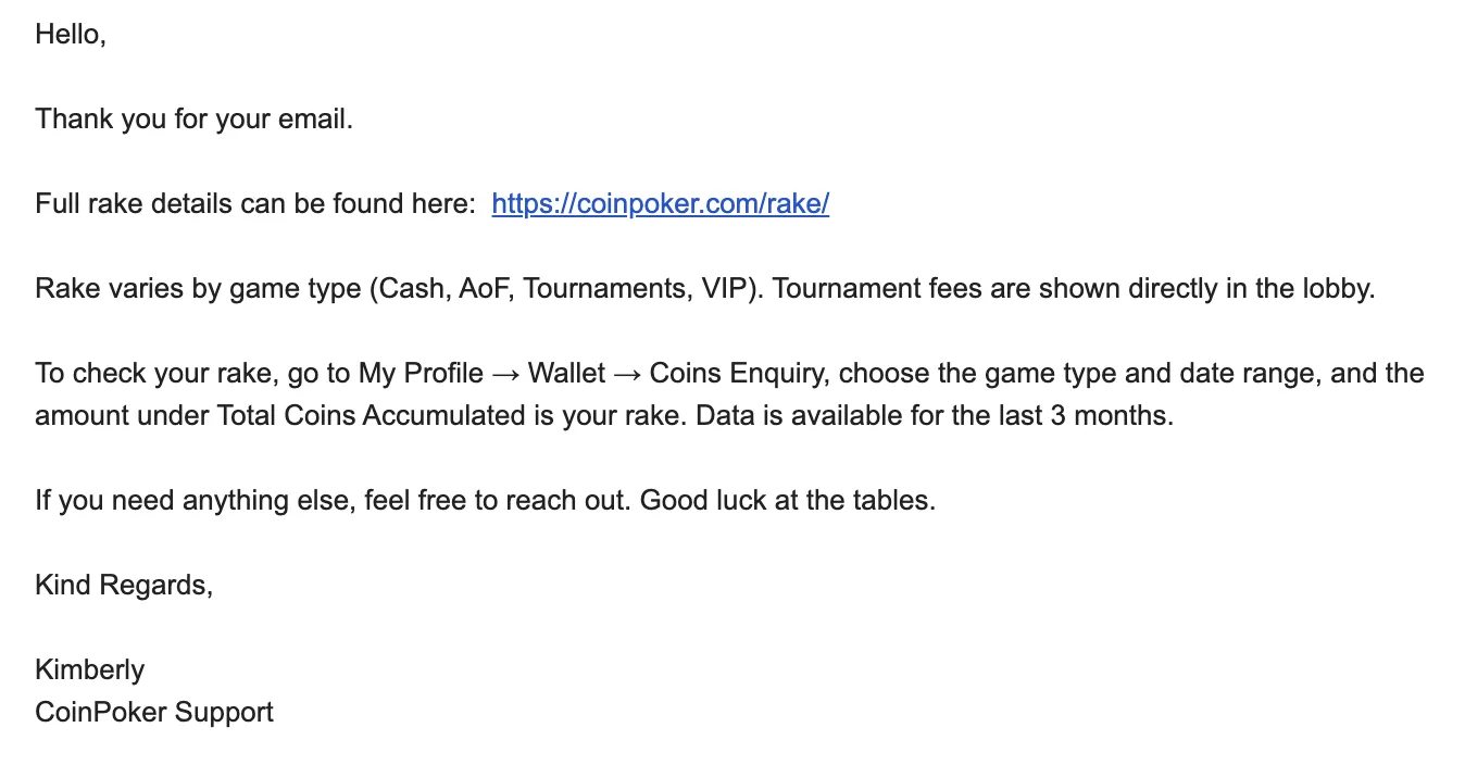 CoinPoker support email reply linking to the rake page and explaining how to check rake in Coins Enquiry