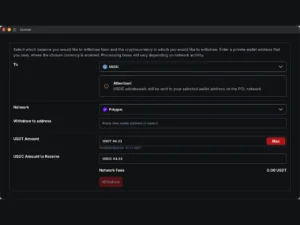 CoinPoker cashier withdrawing 44.23 USDT as USDC on the Polygon network with a network fee of zero