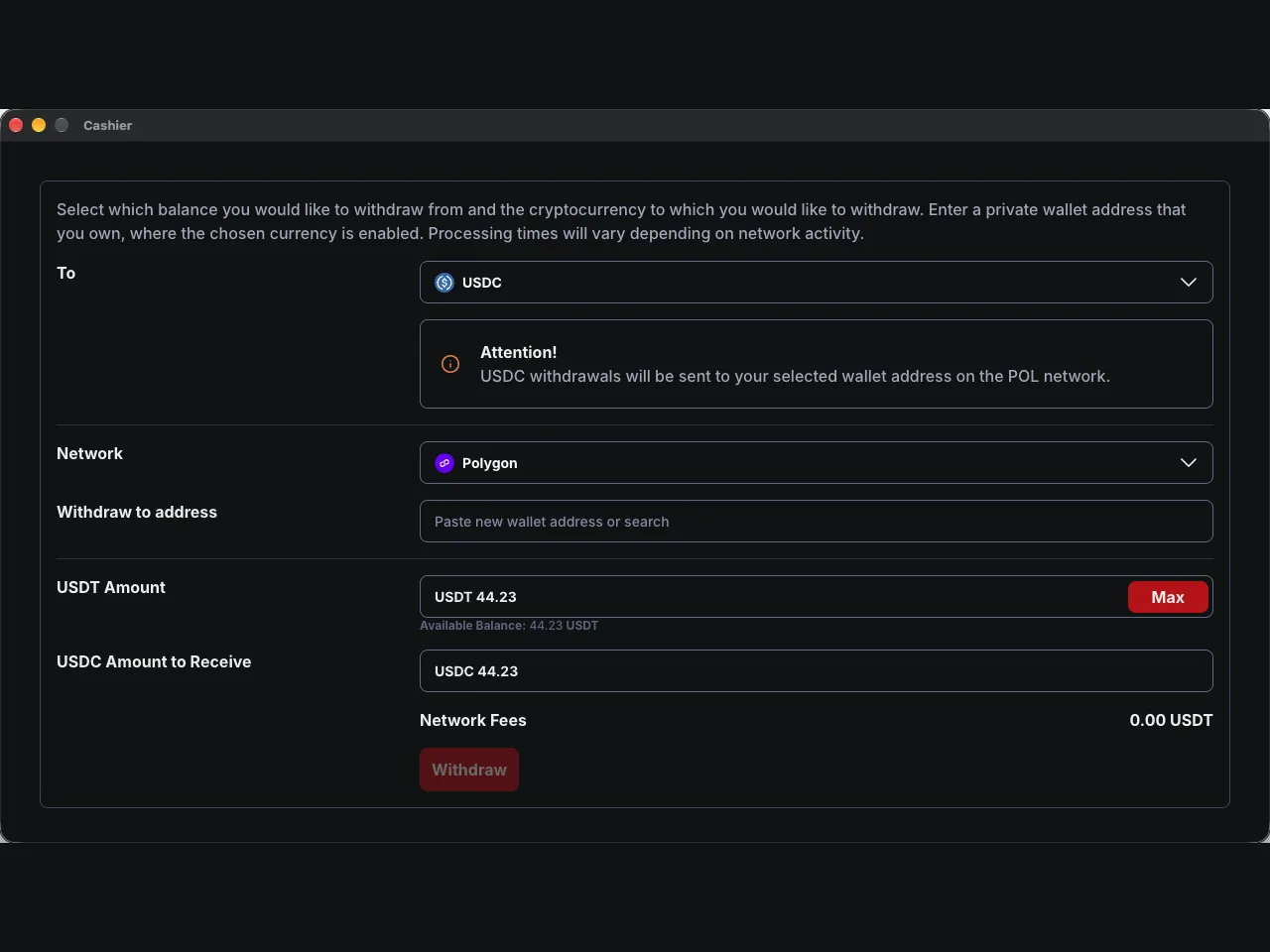 CoinPoker USDC withdrawal on Polygon CoinPoker cashier withdrawing 44.23 USDT as USDC on the Polygon network with a network fee of zero