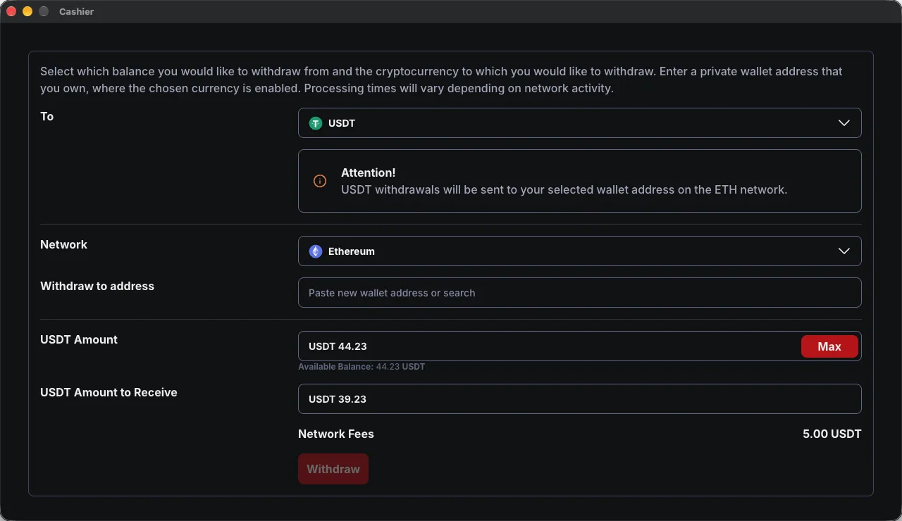 CoinPoker cashier showing a 5 USDT network fee on a USDT withdrawal over Ethereum, cutting 44.23 to 39.23