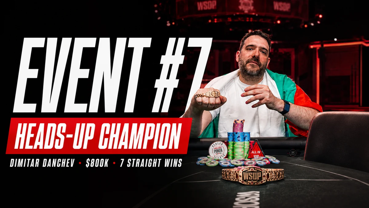 Dimitar Danchev wins the WSOP 2026 $25,000 Heads-Up Championship Dimitar Danchev celebrates winning the WSOP 2026 $25,000 Heads-Up No-Limit Hold'em Championship