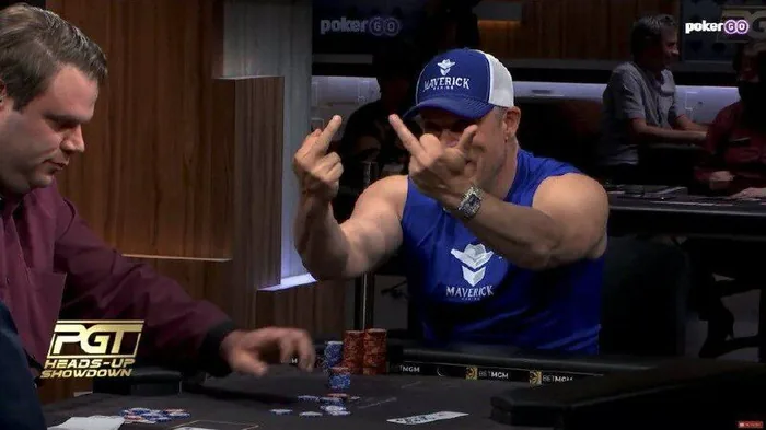 Eric Persson making a hand gesture during the PGT Heads-Up Showdown on PokerGO