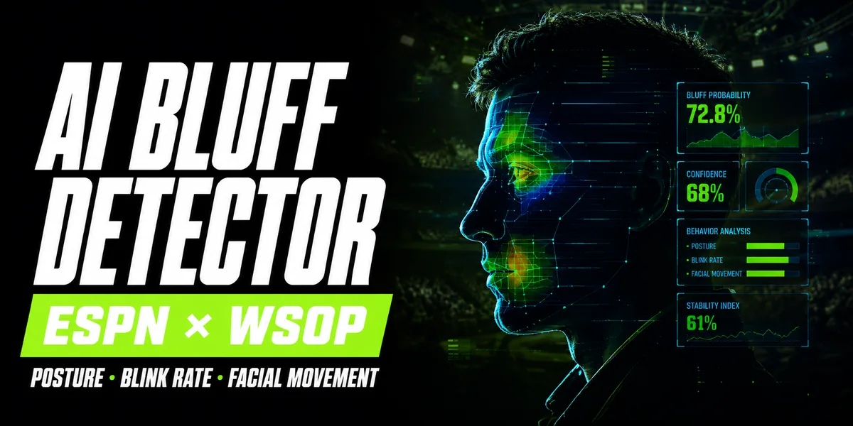 ESPN WSOP 2026 AI Bluff Detector AI bluff detector graphic for ESPN's WSOP 2026 coverage showing facial analysis with bluff probability, posture, blink rate and facial movement readouts
