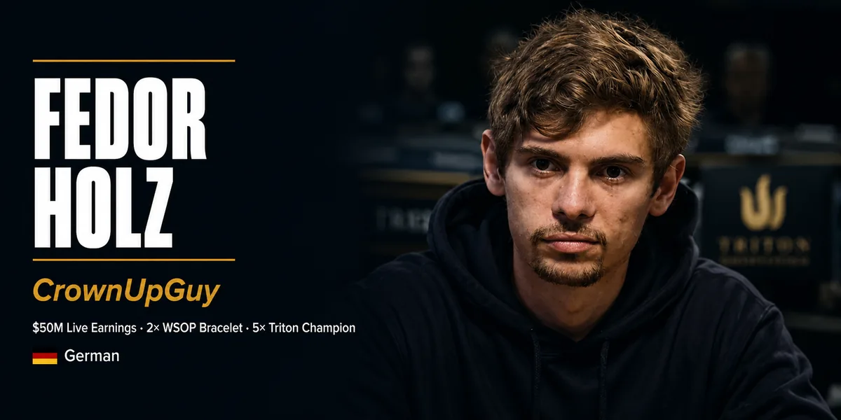 Fedor Holz player profile card showing $50M live earnings, two WSOP bracelets and five Triton titles