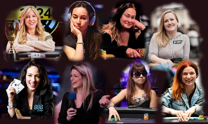 Famous female poker players at tournament tables Collage of famous female poker players including Kristen Foxen, Liv Boeree, and Kara Scott at tournament tables