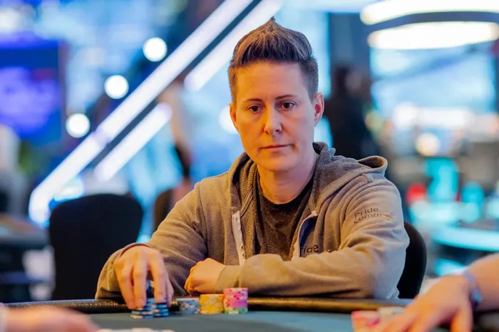 Vanessa Selbst competing at a poker tournament Vanessa Selbst competing at a poker tournament wearing a Pride Community hoodie