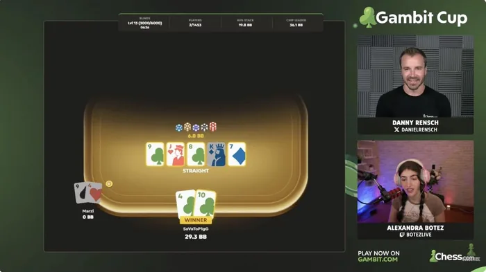 Gambit Cup winning hand on the Chess.com stream with Alexandra Botez and Danny Rensch commentating Final hand of the 31 August 2026 Gambit Cup stream, SaVaToP1gG holding four-ten of clubs for a straight against Marzi, with Danny Rensch and Alexandra Botez commentating