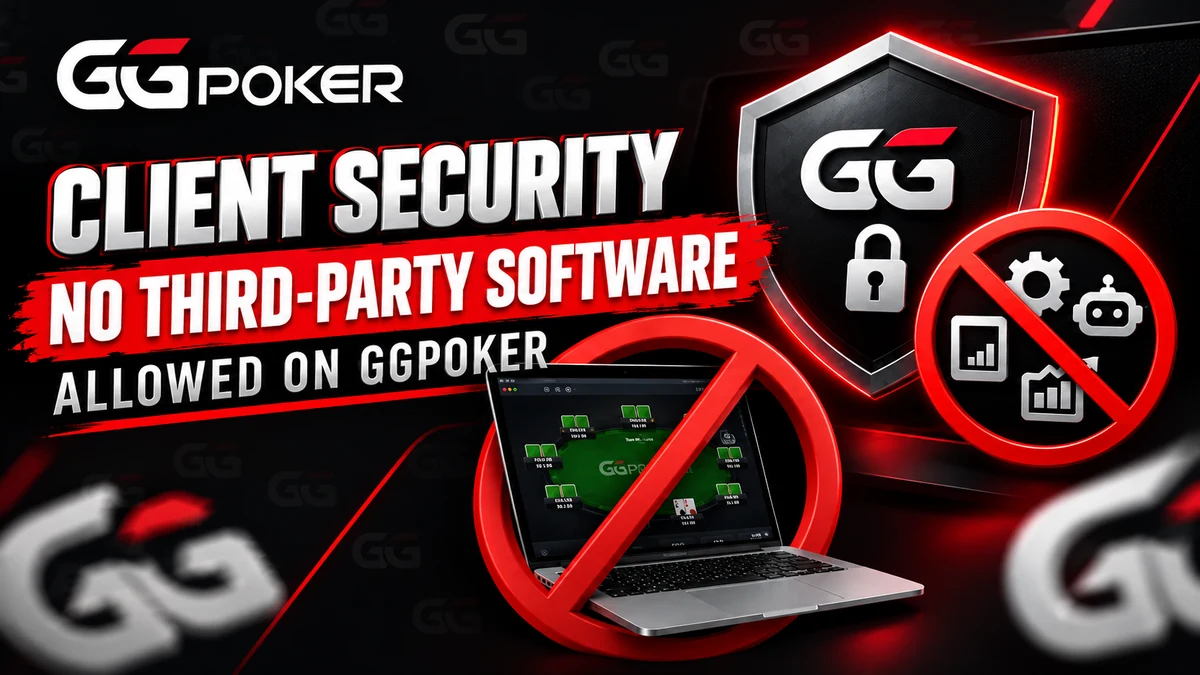 GGPoker Client Security: no third-party software allowed on GGPoker GGPoker Client Security graphic: no third-party software allowed on GGPoker, with a shield, a padlock and a crossed-out laptop running a poker client