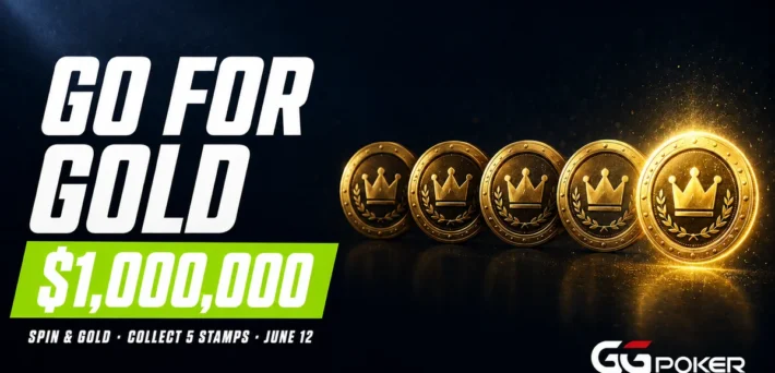 GGPoker Go for Gold promo graphic with five gold stamp coins, a $1,000,000 prize and a June 12 Spin & Gold start date