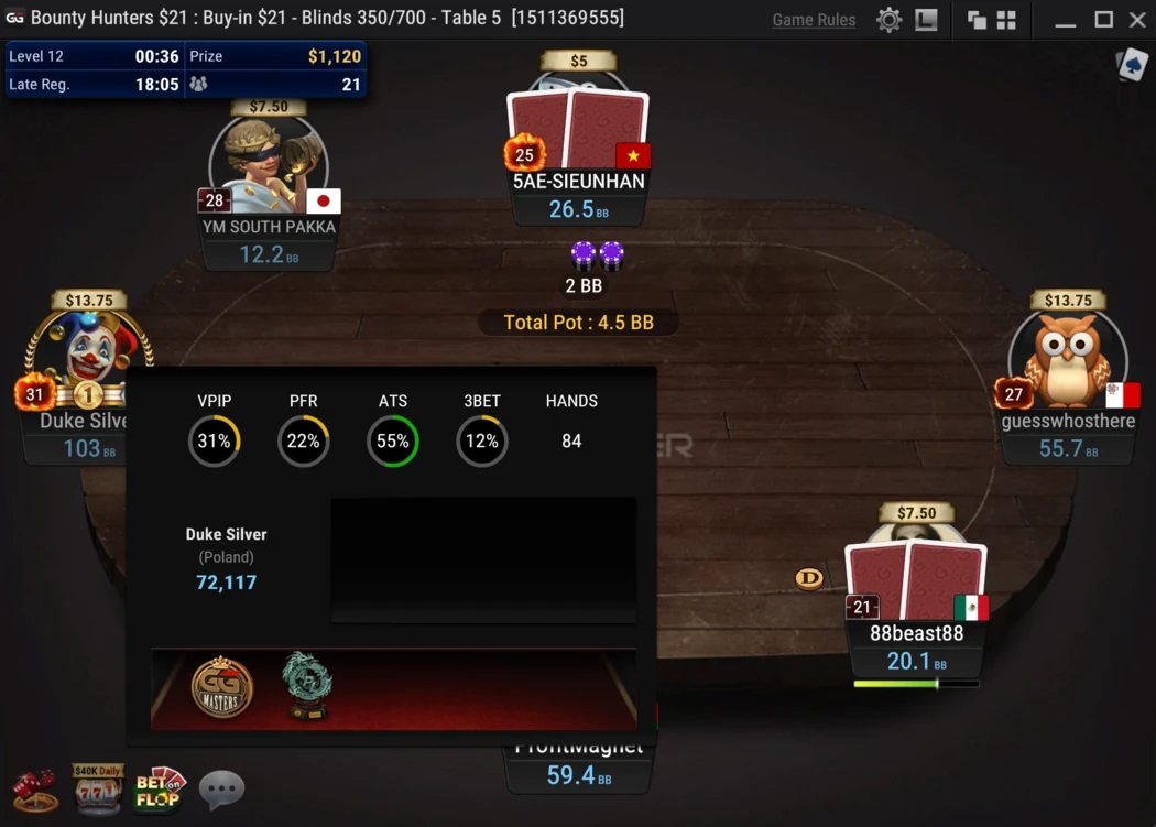 GGPoker Smart HUD popup on a tournament table with 84 hands witnessed GGPoker Smart HUD popup open on a Bounty Hunters tournament table showing an opponent at 31% VPIP over 84 hands