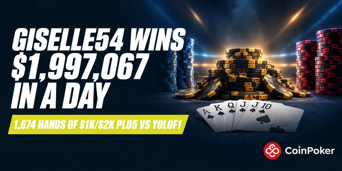 Giselle54 $1,997,067 PLO5 session on CoinPoker Giselle54 wins $1,997,067 in one day of $1,000/$2,000 PLO5 against yolof1 on CoinPoker
