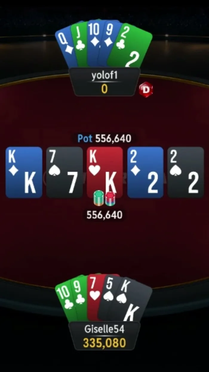 Giselle54 $556,640 pot at the river Giselle54 holding ten-nine of clubs, seven of hearts, five of spades and king of spades on a king-seven-king-deuce-deuce board with the pot at 556,640