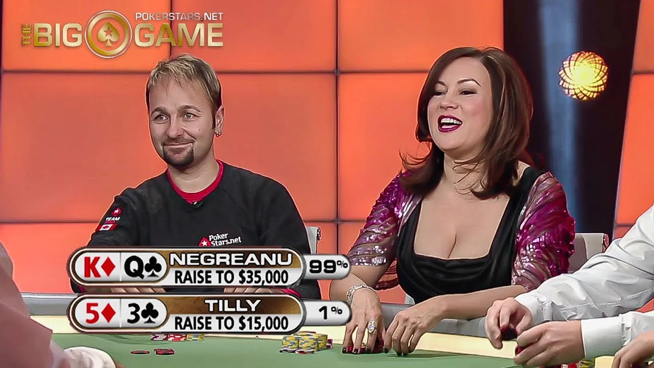 Jennifer Tilly playing a hand against Daniel Negreanu on a televised poker show