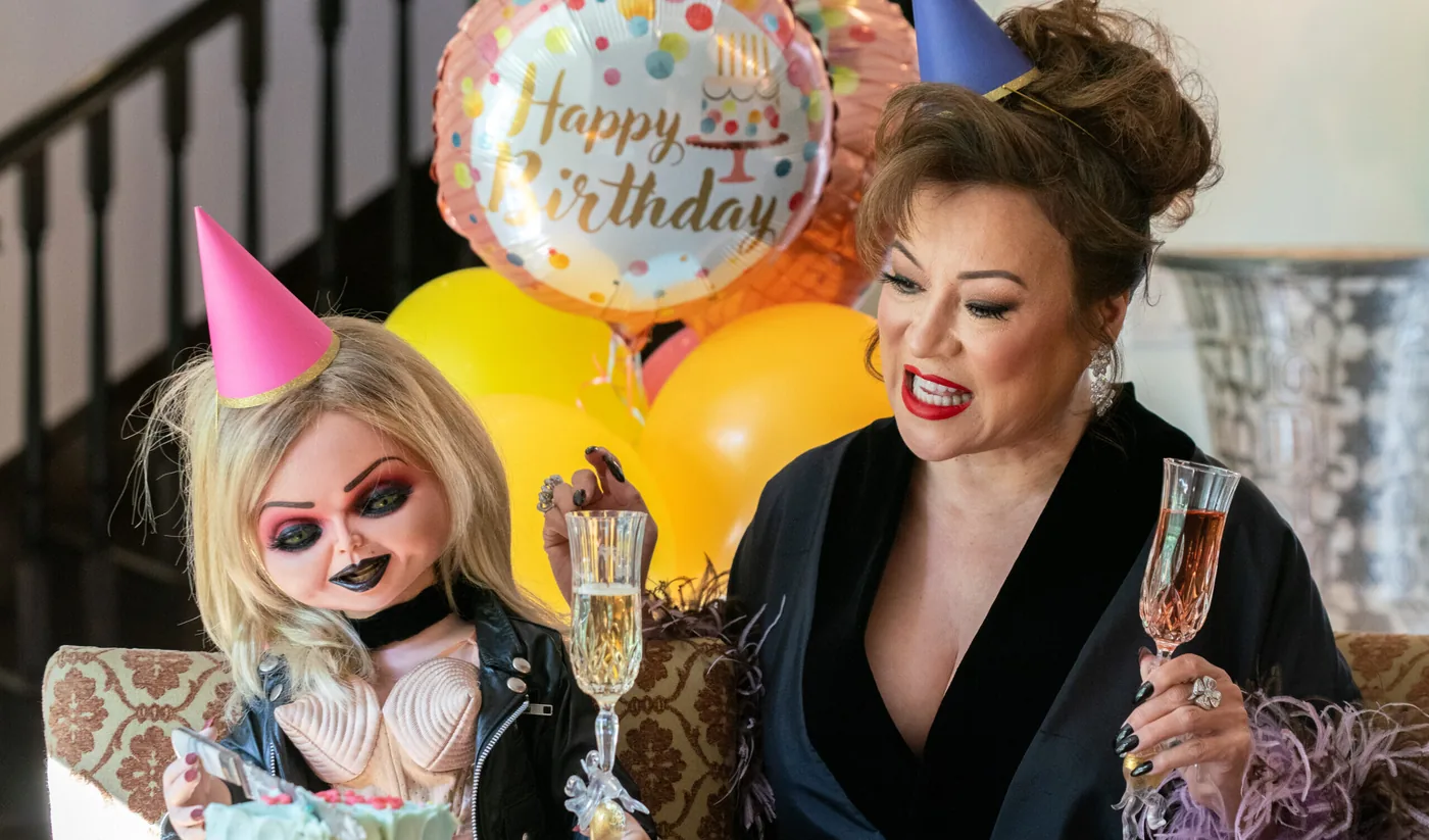 Jennifer Tilly alongside the Tiffany Valentine character she voices