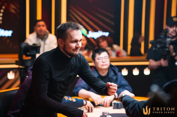 Mikita Badziakouski fist-pumping at the Triton Poker Series Jeju 2026 final table