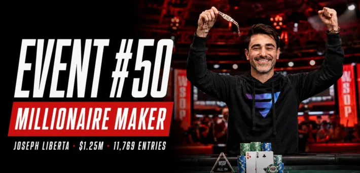 Joseph Liberta holds up the WSOP bracelet after winning the 2026 Millionaire Maker for $1,250,000