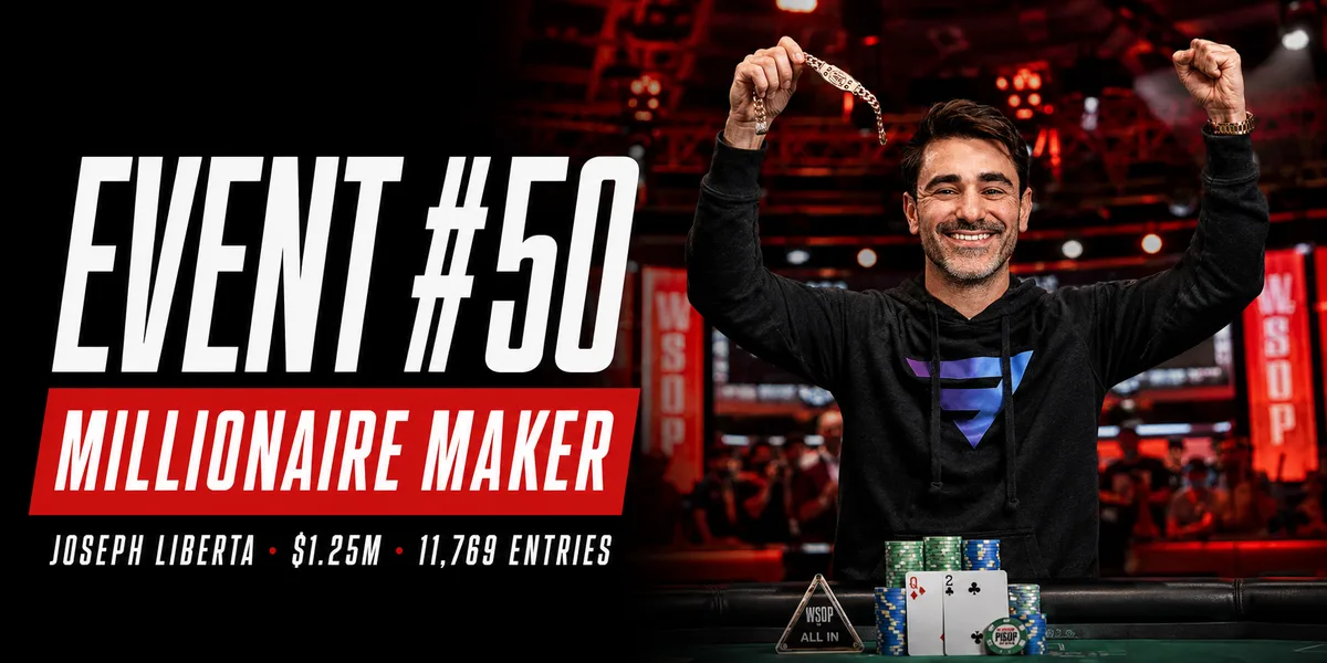 Joseph Liberta holds up the WSOP bracelet after winning the 2026 Millionaire Maker for $1,250,000