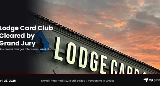 Lodge Card Club exterior at sunset after Williamson County grand jury returns no-bill clearing owners of criminal charges