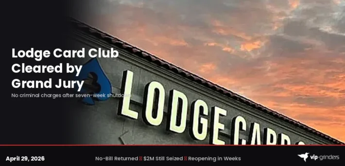 Lodge Card Club exterior at sunset after Williamson County grand jury returns no-bill clearing owners of criminal charges