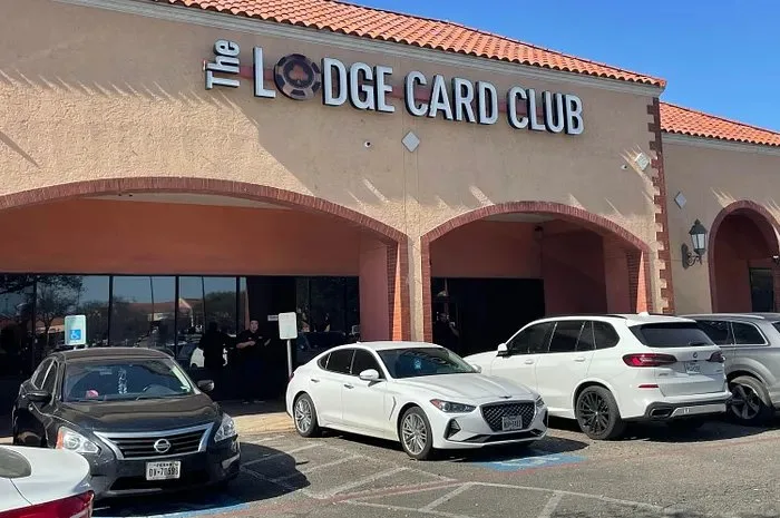 The Lodge Card Club exterior in Round Rock, Texas, currently closed during the TABC money laundering investigation