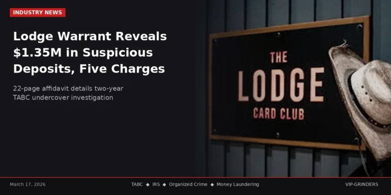 Lodge Card Club Warrant Reveals $1.35M in Suspicious Deposits and Five Criminal Violations