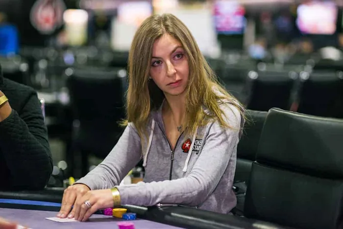 Maria Konnikova in a PokerStars hoodie Maria Konnikova at the table in a PokerStars hoodie during her first Team Pro spell