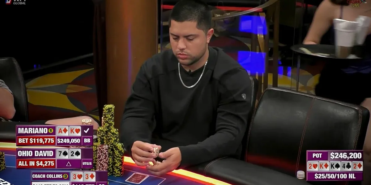 Mariano Grandoli playing style on Hustler Casino Live Mariano Grandoli studying an opponent with ace-king in a $246,200 pot on Hustler Casino Live