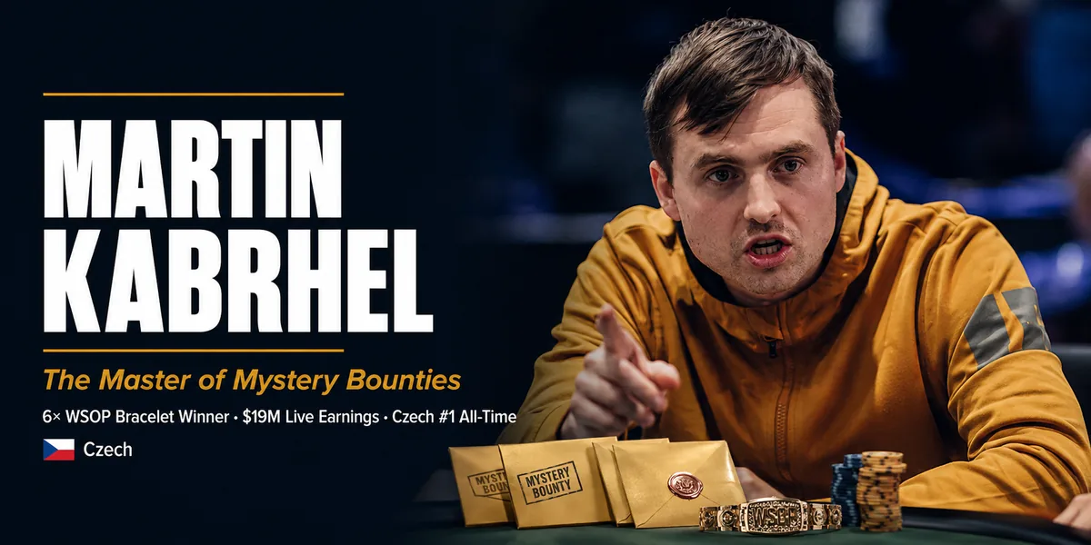 Martin Kabrhel, six-time WSOP bracelet winner Martin Kabrhel pointing across the table beside Mystery Bounty envelopes and a WSOP bracelet