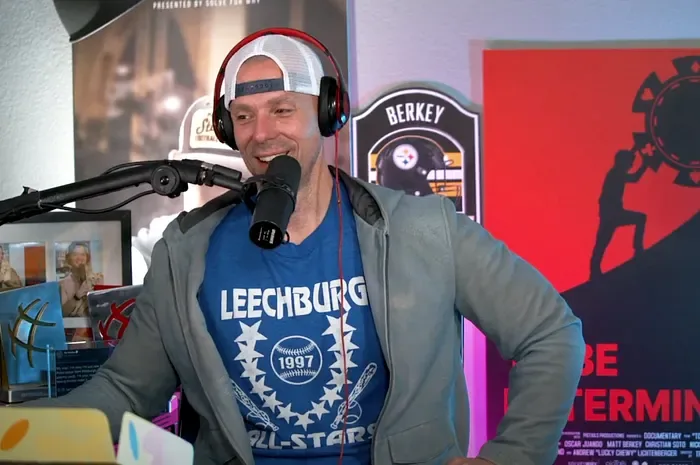 Matt Berkey recording the Only Friends podcast in his Las Vegas studio