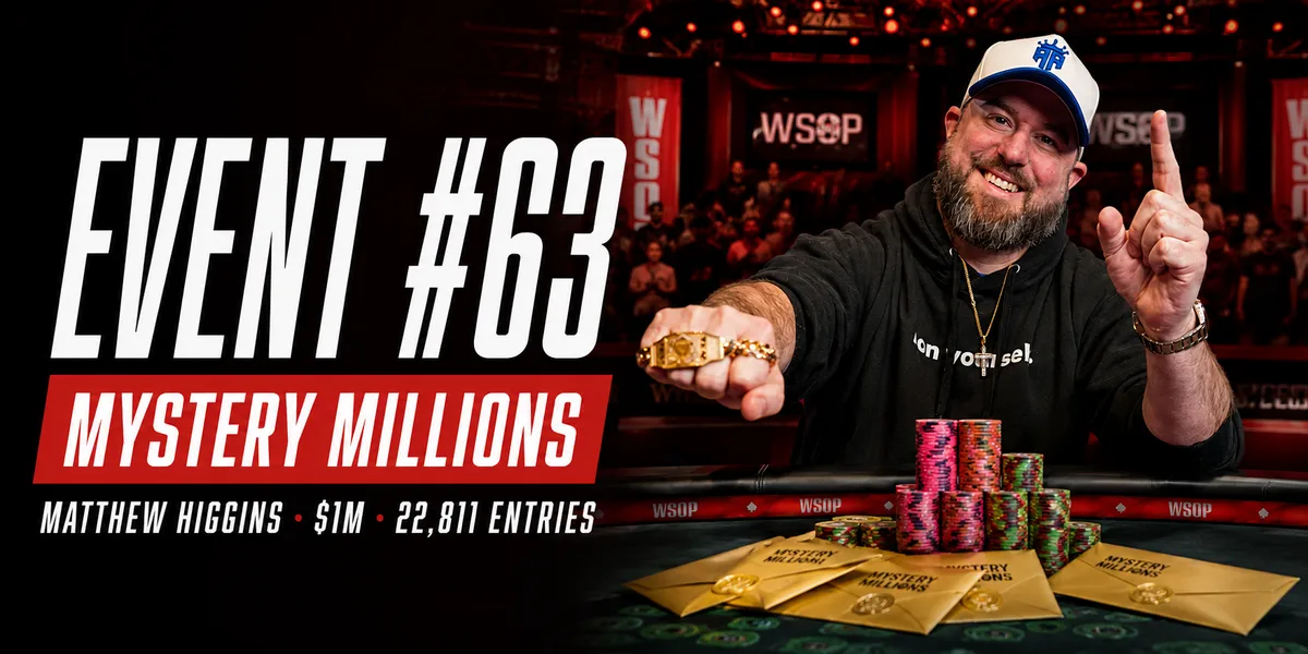 Matthew Higgins celebrates winning the WSOP 2026 $1,000 Mystery Millions for $1,000,000 and his first WSOP bracelet