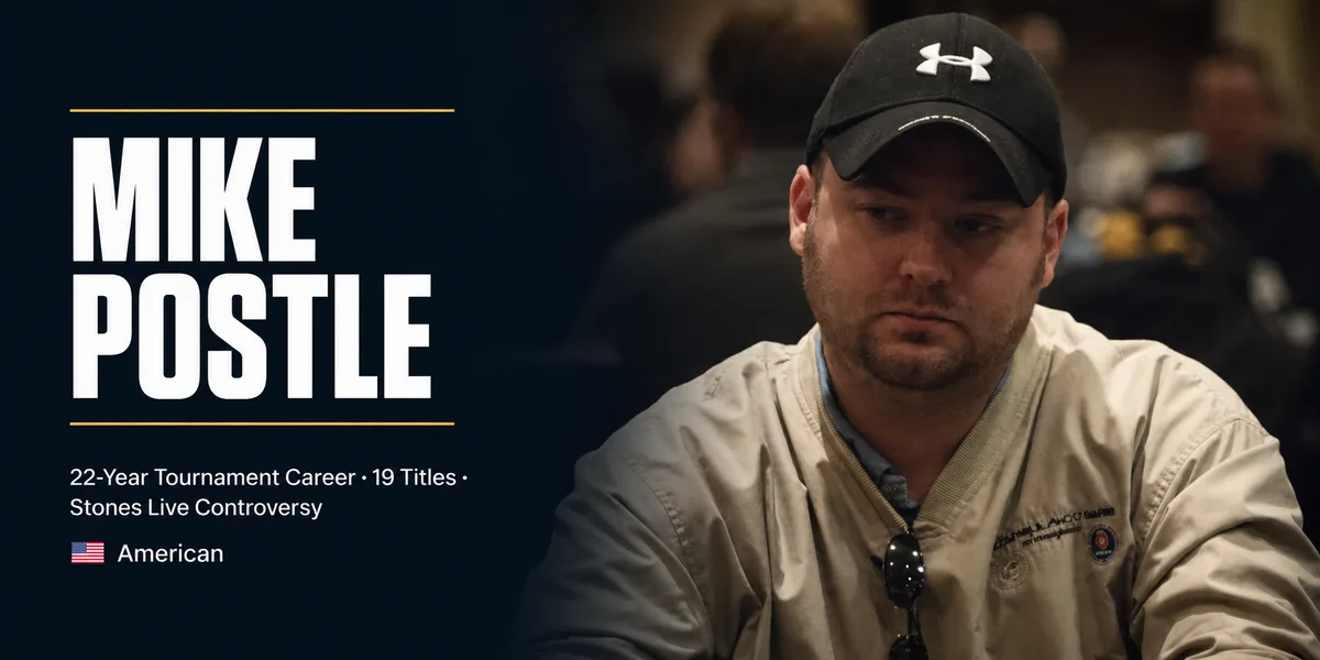 Mike Postle at a live poker table, with his 19 tournament titles noted alongside