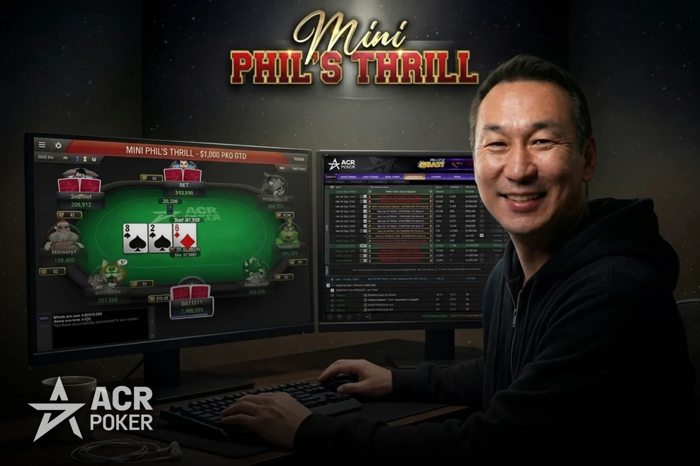 Mini Phil's Thrill event branding on ACR Poker Mini Phil's Thrill branding above a player at a two-screen ACR Poker setup