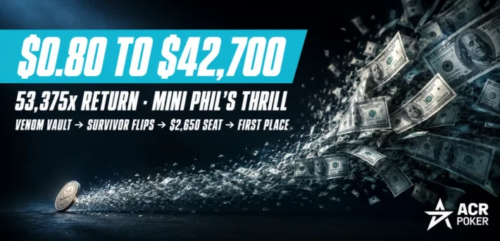 A single coin scattering into banknotes, illustrating the $0.80 to $42,700 Mini Phil
