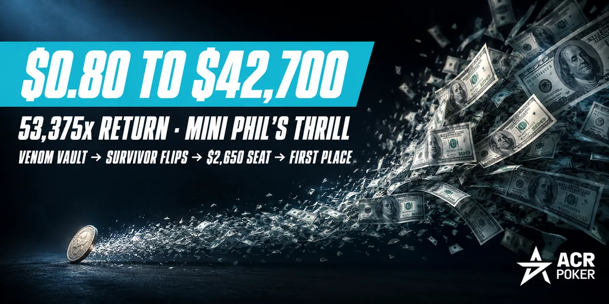 Mini Phil's Thrill winner John Kim scores $42,700 at ACR Poker A single coin scattering into banknotes, illustrating the $0.80 to $42,700 Mini Phil's Thrill run at ACR Poker