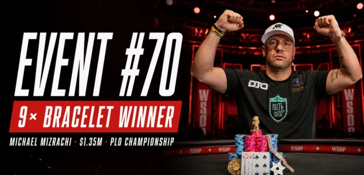 Michael Mizrachi celebrates winning the WSOP 2026 $10,000 Pot-Limit Omaha Championship and his ninth WSOP bracelet