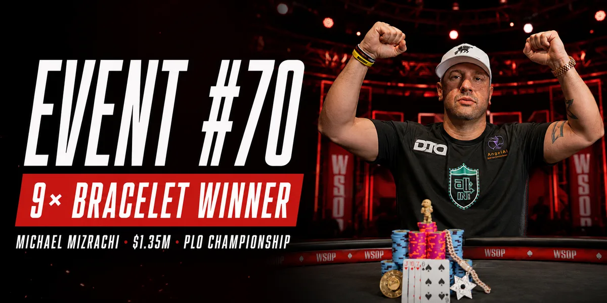 Michael Mizrachi celebrates winning the WSOP 2026 $10,000 Pot-Limit Omaha Championship and his ninth WSOP bracelet