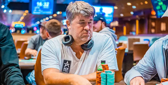 Chris Moneymaker wearing his ACR Pro patch at the table during the 2026 WSOP Main Event