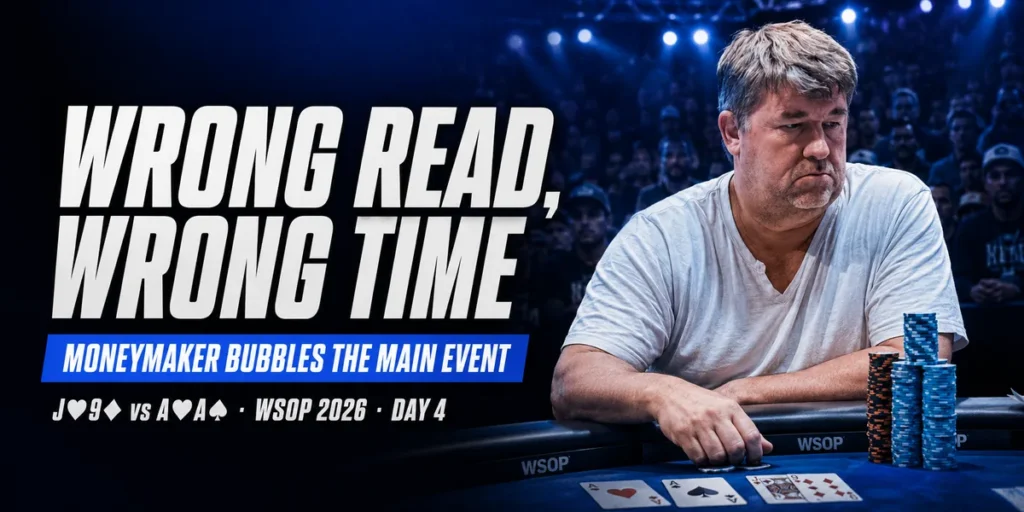 Chris Moneymaker sits at the WSOP 2026 Main Event table after bubbling with jack-nine against pocket aces on Day 4