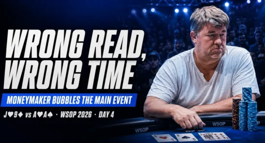 Chris Moneymaker sits at the WSOP 2026 Main Event table after bubbling with jack-nine against pocket aces on Day 4