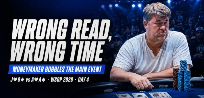 Chris Moneymaker sits at the WSOP 2026 Main Event table after bubbling with jack-nine against pocket aces on Day 4