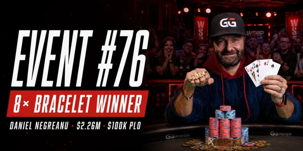 Daniel Negreanu celebrates winning his eighth WSOP bracelet in the $100,000 High Roller PLO at WSOP 2026