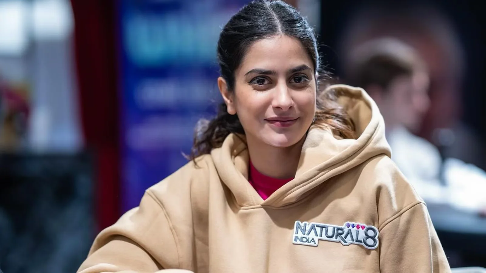 Nikita Luther Natural8 India Ambassador Nikita Luther wearing Natural8 India ambassador hoodie at a poker event