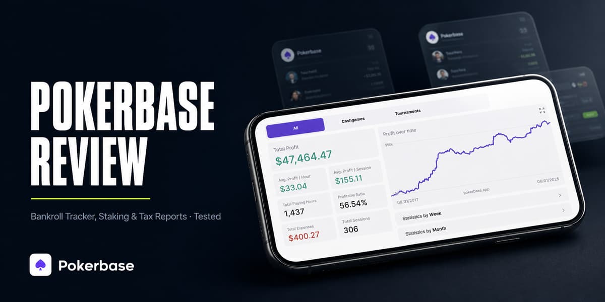 pokerbase review featured image Pokerbase review featured image showing the Pokerbase app dashboard on a smartphone with bankroll tracking, profit graph, staking tools, and tax report features