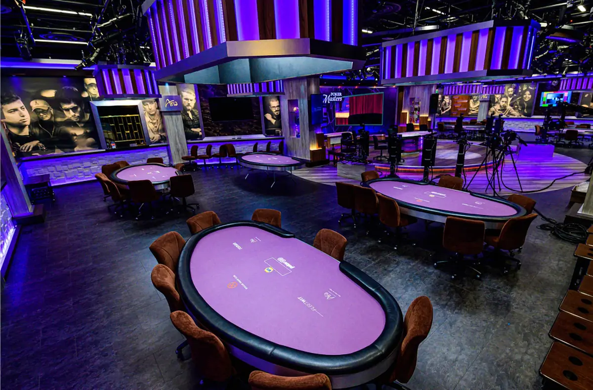 Inside the PokerGO Studio in Las Vegas with its purple-felt tables, venue for the PGT Online Vegas Final