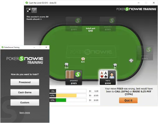 PokerSnowie training software screenshot showing a cash game hand analysis interface with green poker table, player stacks, and decision feedback; overlay displays correct strategy recommendation (call 67% or raise 0.25 pot 33%) versus incorrect fold, along with EV calculations and training menu options for free play, cash game, and custom modes