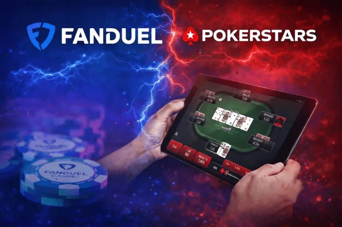 PokerStars Exclusively on FanDuel new poker client shown on tablet with FanDuel Casino chips