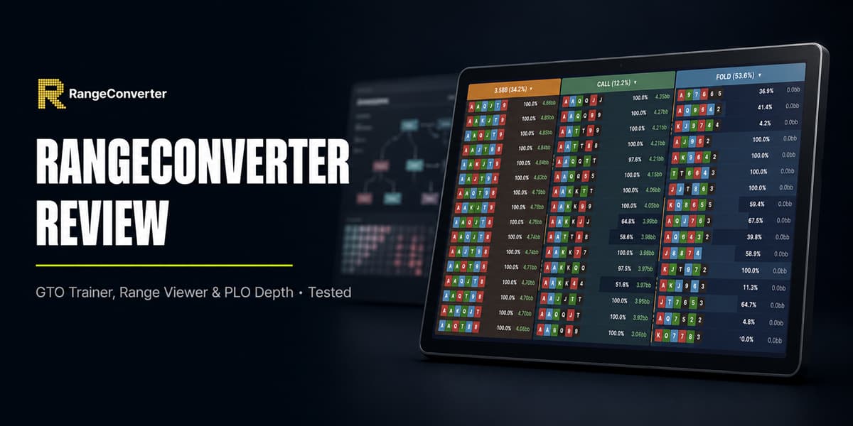 rangeconverter featured image RangeConverter Review featured image showing the RangeConverter logo, GTO trainer title text, and a poker software interface with 3.5BB, Call, and Fold decision columns displayed on a premium dark analytics screen